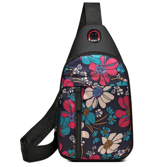 Floral Crossbody Chest Bag - Navy Blue Pink Teal Beige Black & Orange Colors - Picture 3 of 6